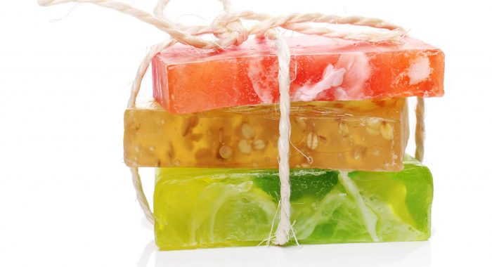 Colorful natural soap on white background
