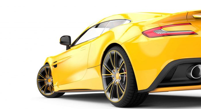 Back of a yellow luxury car isolated on a white background isolated on a white background: 3D rendering