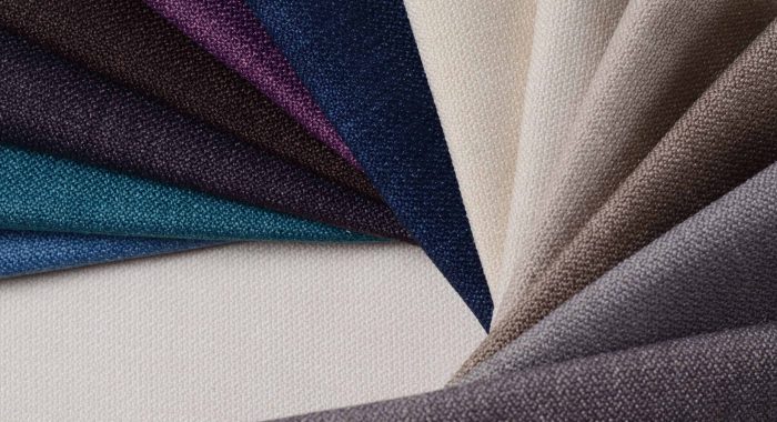 Bright collection of gunny textile samples. Multicolor Fabric texture background.