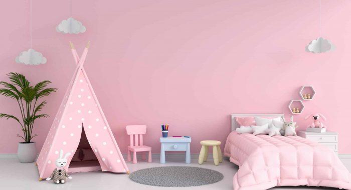 Pink children bedroom interior for mockup, 3D rendering