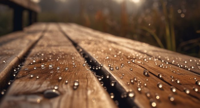 Wet plank reflects beauty in nature freshness generated by artificial intelligence
